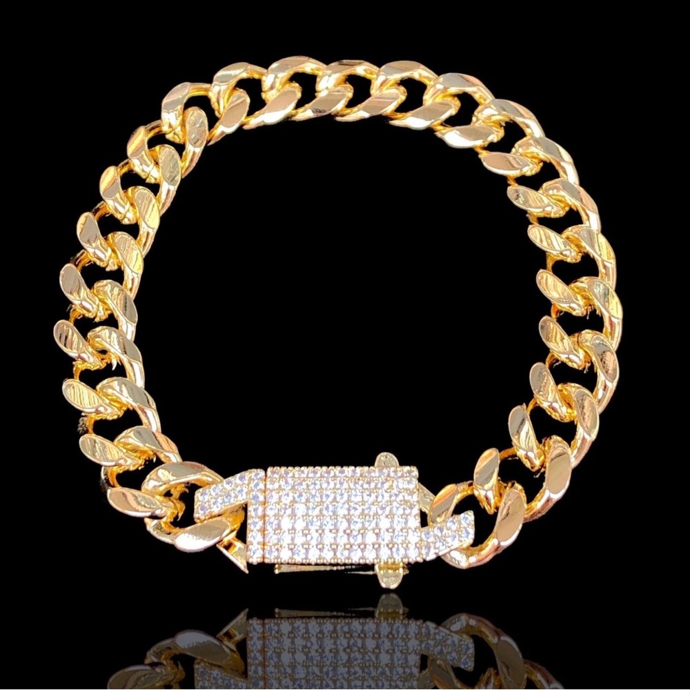Gold Chain Bracelet with Rhinestone Clasp Italian Puff Cuban Chain CZ Bracelet